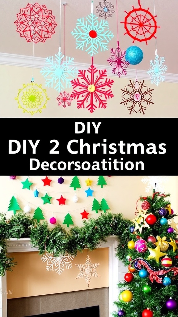 Colorful DIY 2D Christmas decorations including snowflakes, garland, and ornaments.